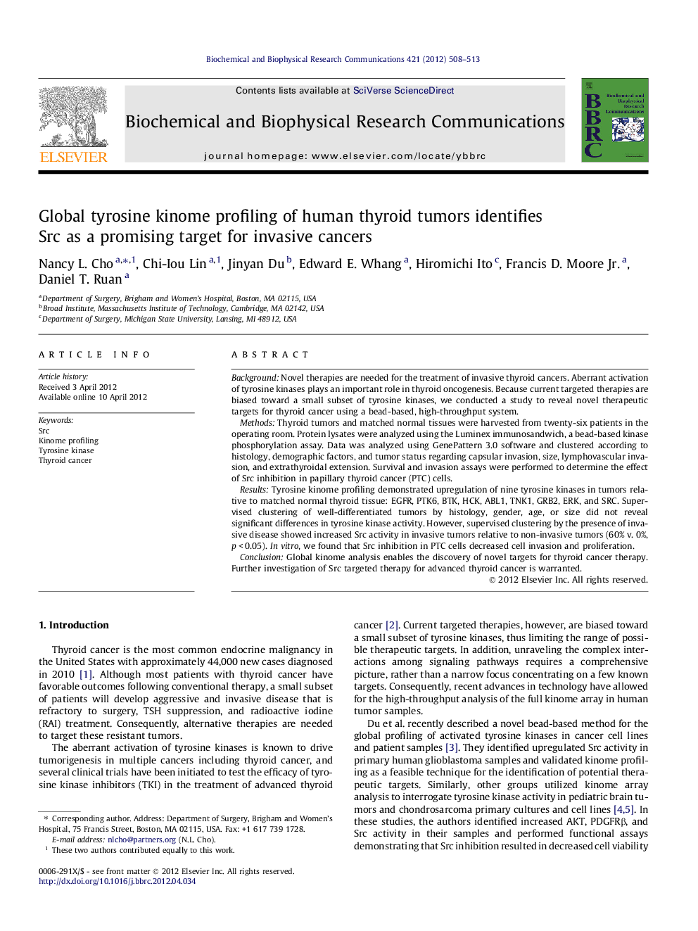 Global tyrosine kinome profiling of human thyroid tumors identifies Src as a promising target for invasive cancers