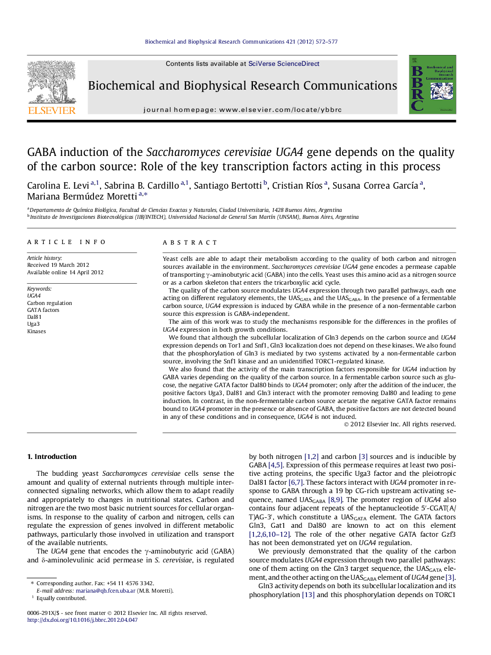 GABA induction of the Saccharomyces cerevisiae UGA4 gene depends on the quality of the carbon source: Role of the key transcription factors acting in this process