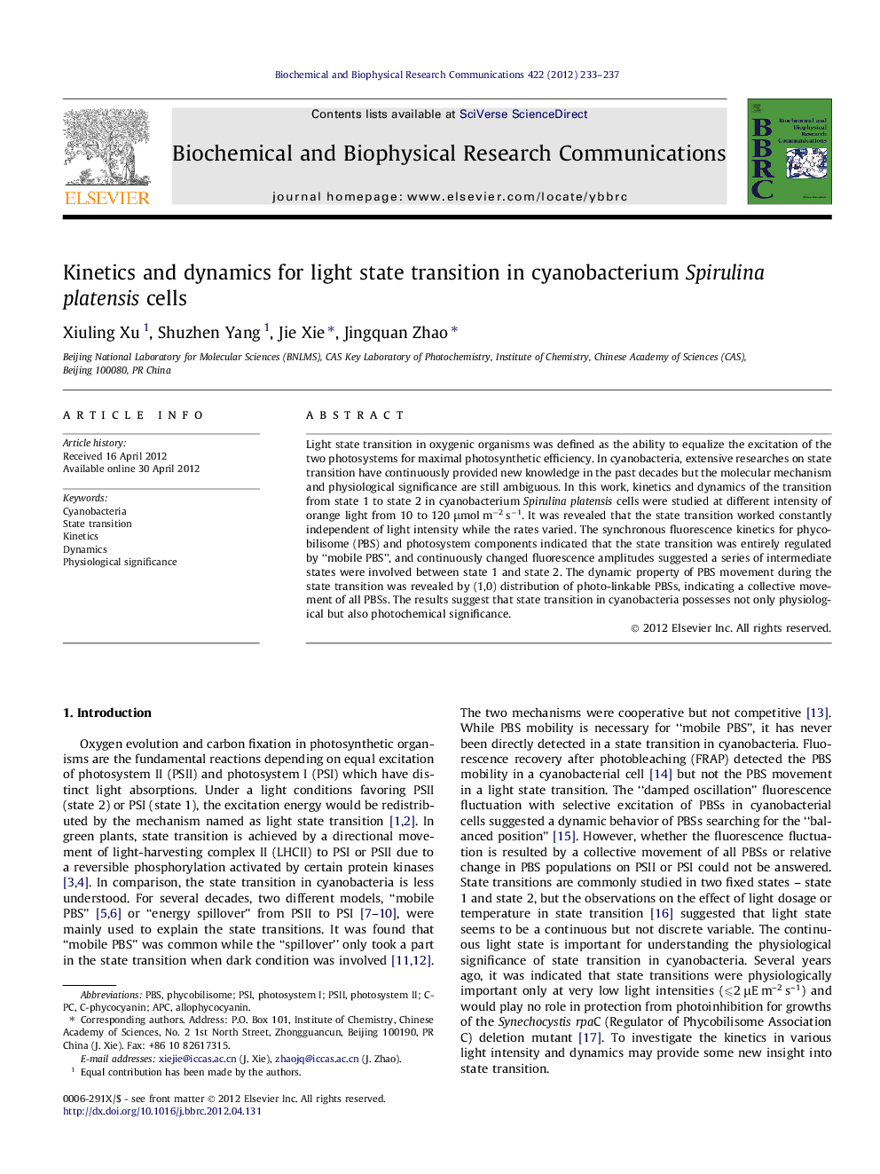 Kinetics and dynamics for light state transition in cyanobacterium Spirulina platensis cells