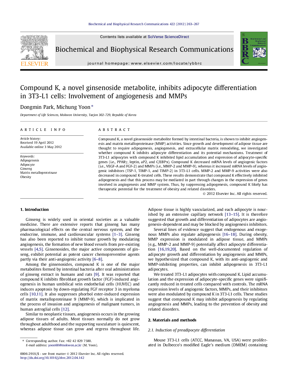 Compound K, a novel ginsenoside metabolite, inhibits adipocyte differentiation in 3T3-L1 cells: Involvement of angiogenesis and MMPs