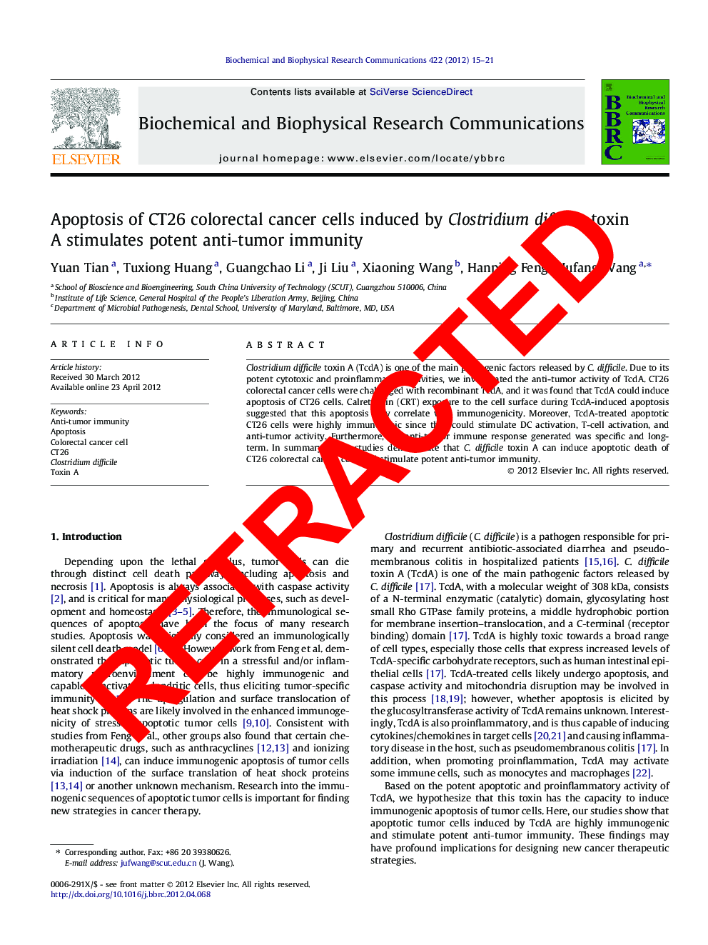 RETRACTED: Apoptosis of CT26 colorectal cancer cells induced by Clostridium difficile toxin A stimulates potent anti-tumor immunity