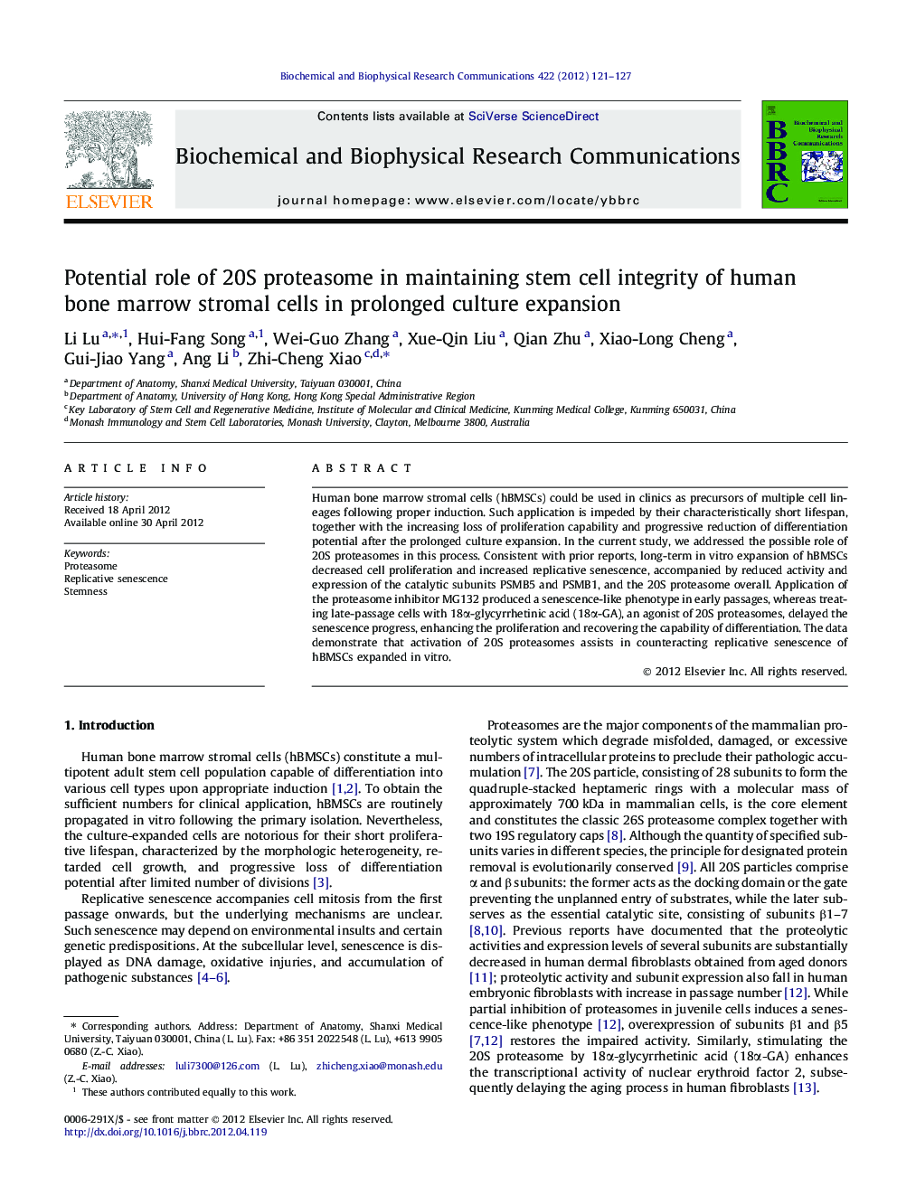 Potential role of 20S proteasome in maintaining stem cell integrity of human bone marrow stromal cells in prolonged culture expansion