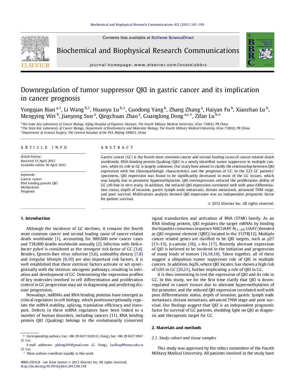 Downregulation of tumor suppressor QKI in gastric cancer and its implication in cancer prognosis