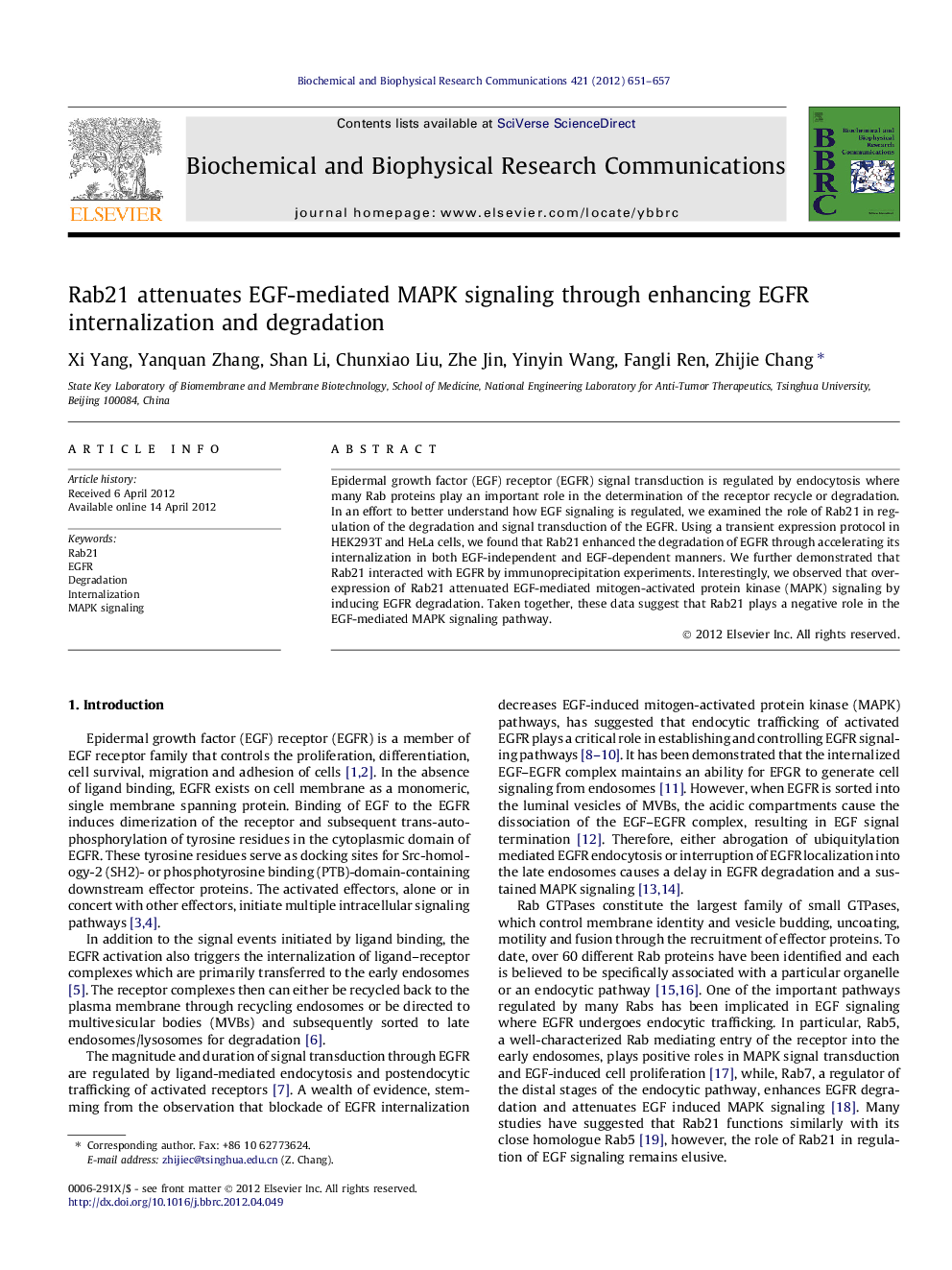 Rab21 attenuates EGF-mediated MAPK signaling through enhancing EGFR internalization and degradation