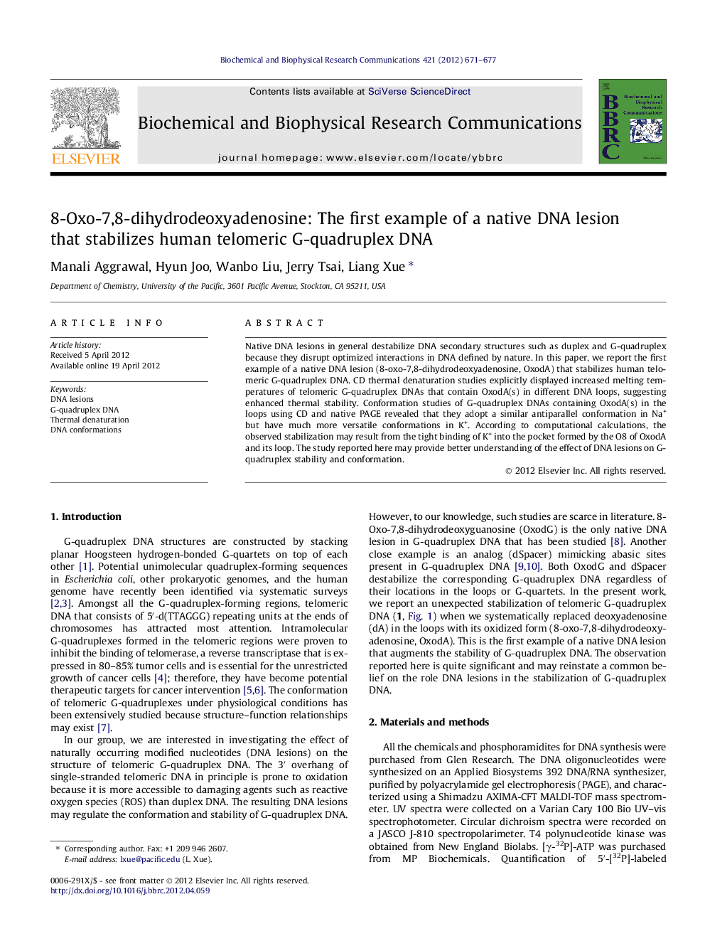 8-Oxo-7,8-dihydrodeoxyadenosine: The first example of a native DNA lesion that stabilizes human telomeric G-quadruplex DNA