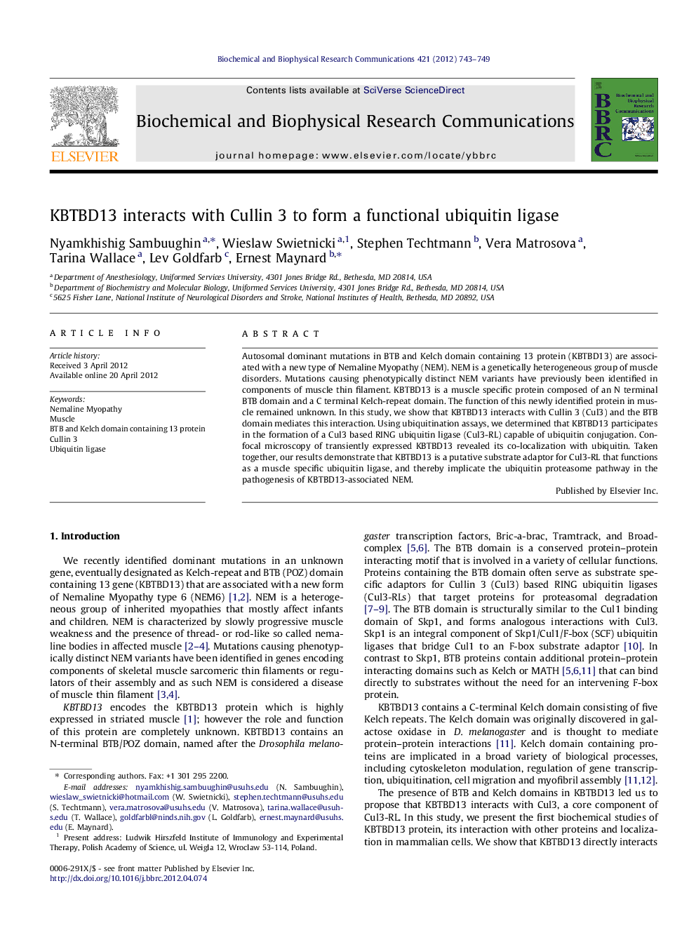 KBTBD13 interacts with Cullin 3 to form a functional ubiquitin ligase