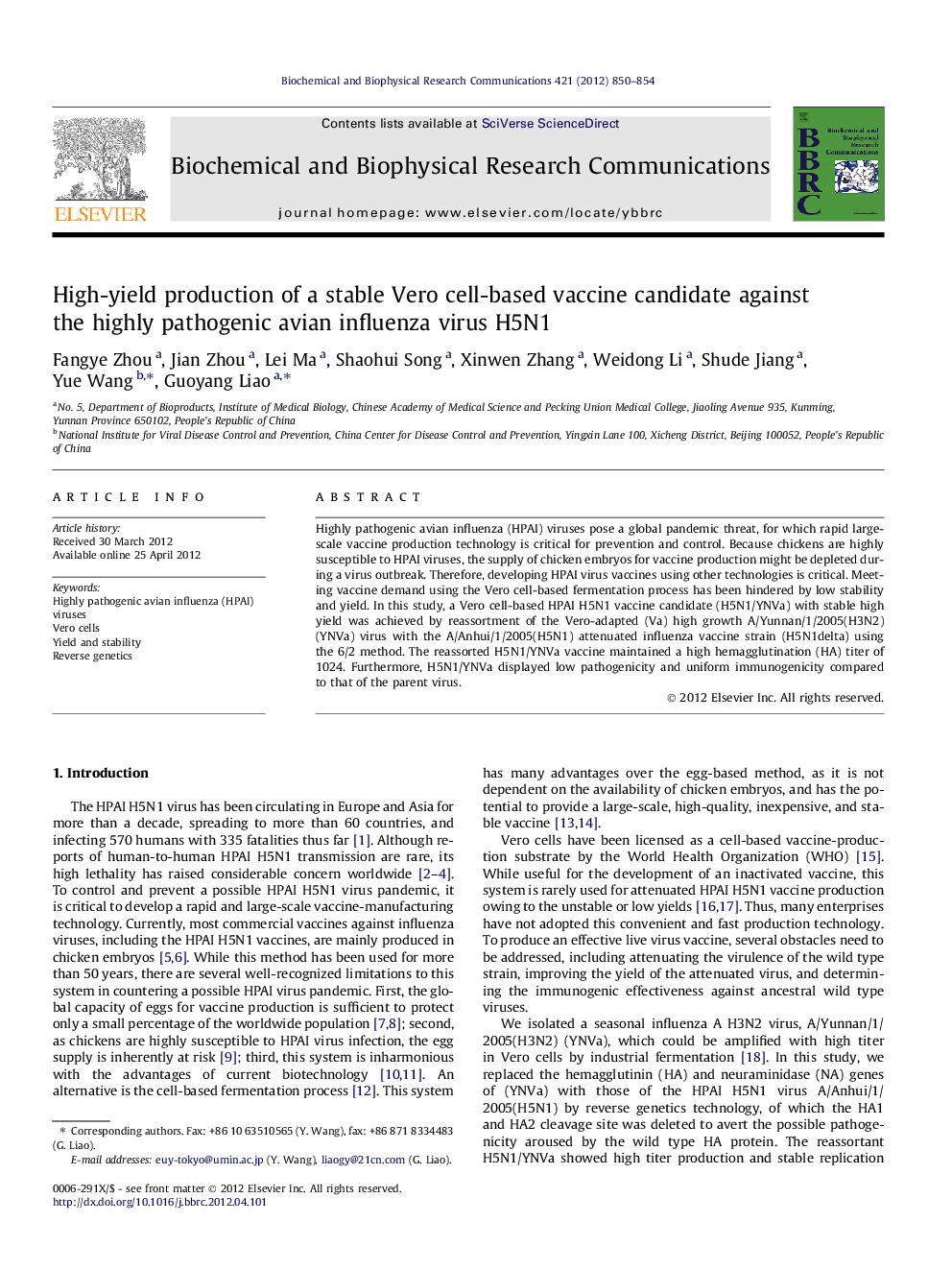 High-yield production of a stable Vero cell-based vaccine candidate against the highly pathogenic avian influenza virus H5N1