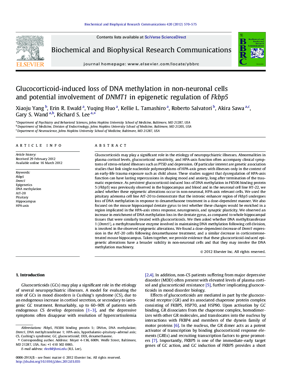 Glucocorticoid-induced loss of DNA methylation in non-neuronal cells and potential involvement of DNMT1 in epigenetic regulation of Fkbp5