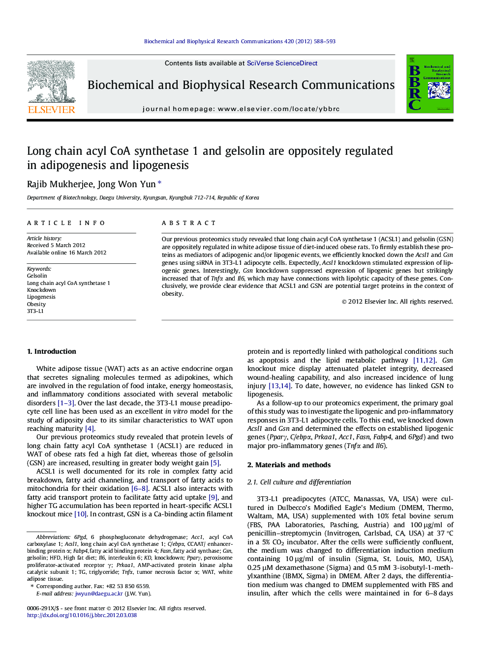 Long chain acyl CoA synthetase 1 and gelsolin are oppositely regulated in adipogenesis and lipogenesis