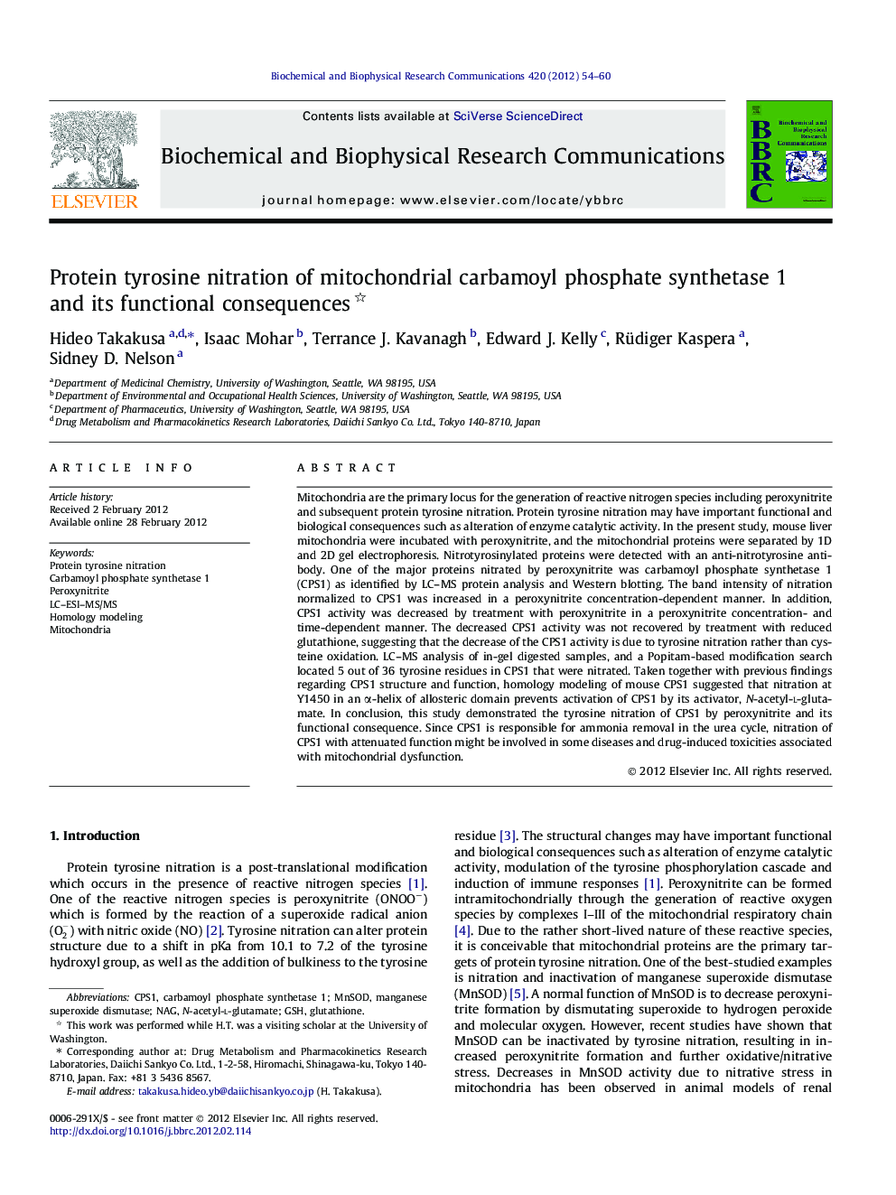 Protein tyrosine nitration of mitochondrial carbamoyl phosphate synthetase 1 and its functional consequences 