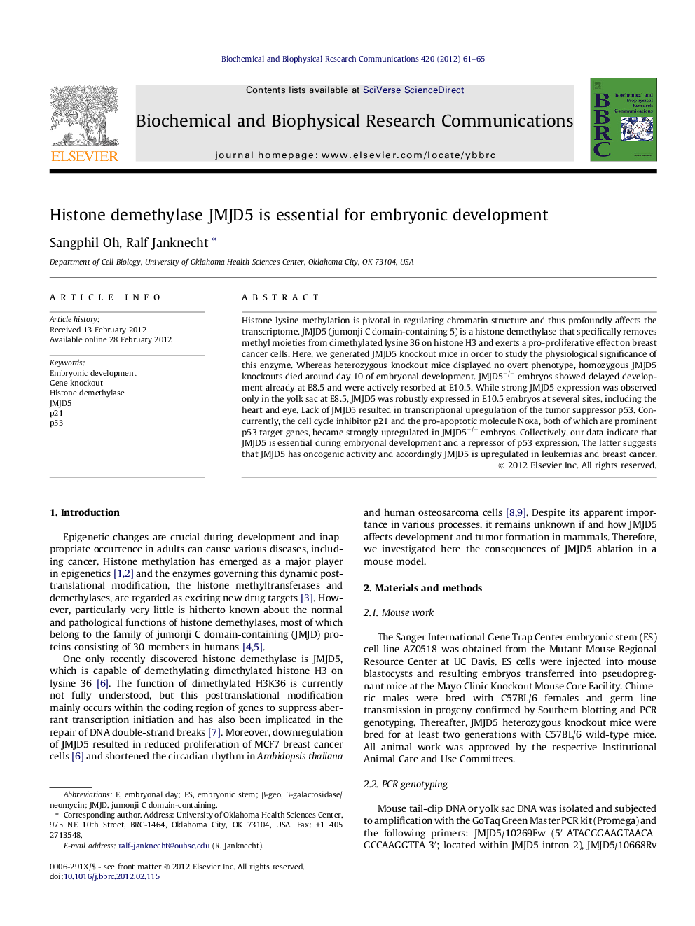 Histone demethylase JMJD5 is essential for embryonic development