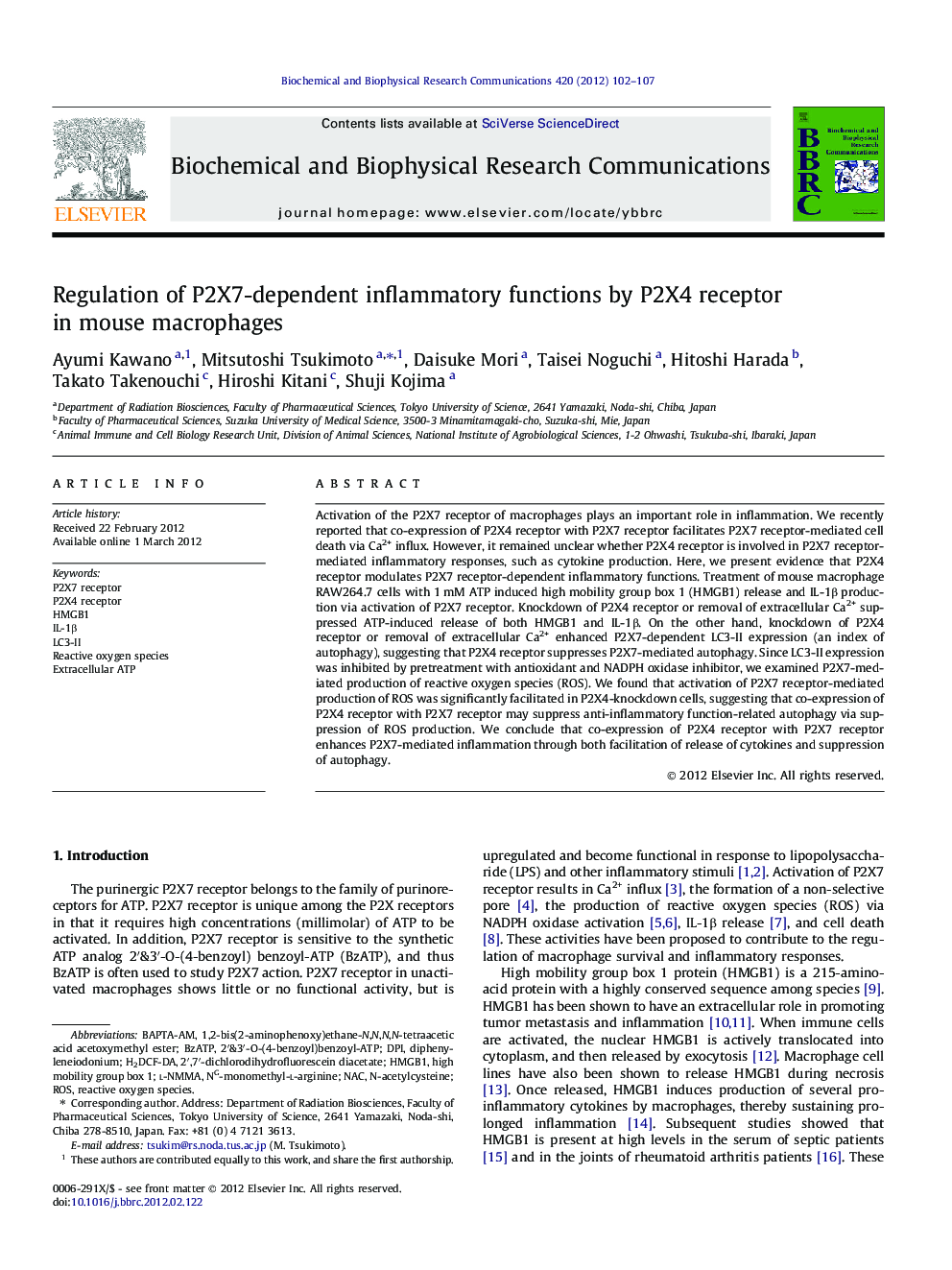 Regulation of P2X7-dependent inflammatory functions by P2X4 receptor in mouse macrophages