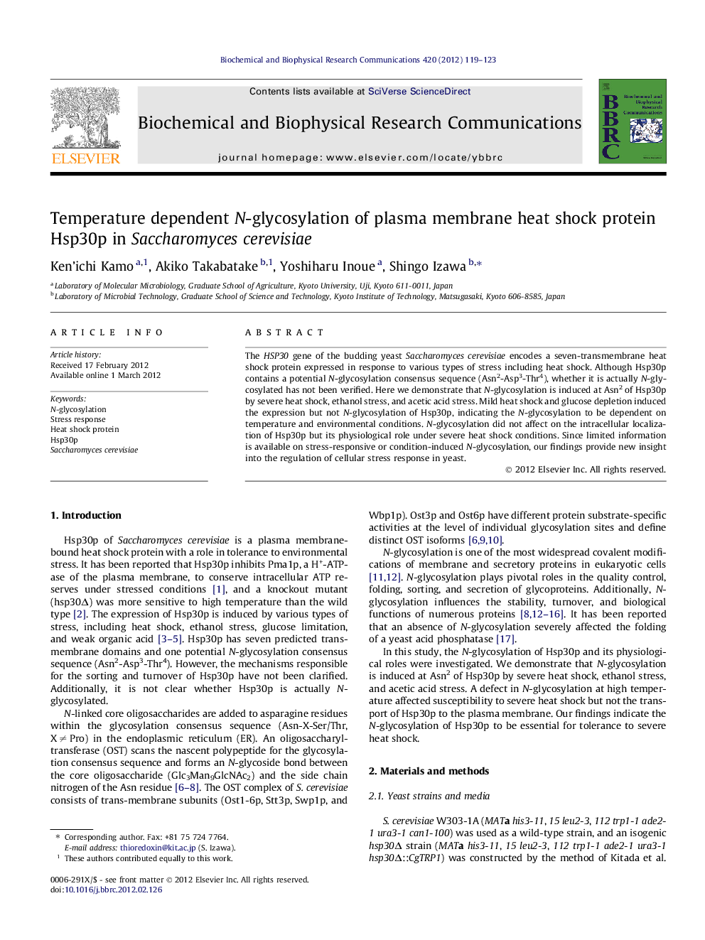 Temperature dependent N-glycosylation of plasma membrane heat shock protein Hsp30p in Saccharomyces cerevisiae