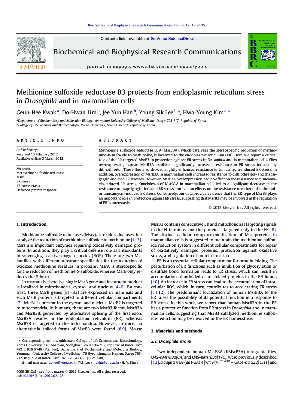 Methionine sulfoxide reductase B3 protects from endoplasmic reticulum stress in Drosophila and in mammalian cells