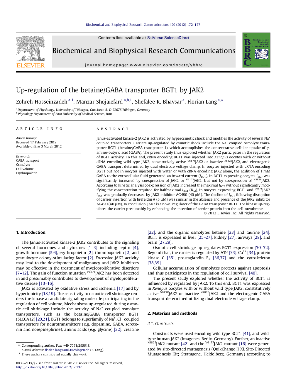 Up-regulation of the betaine/GABA transporter BGT1 by JAK2