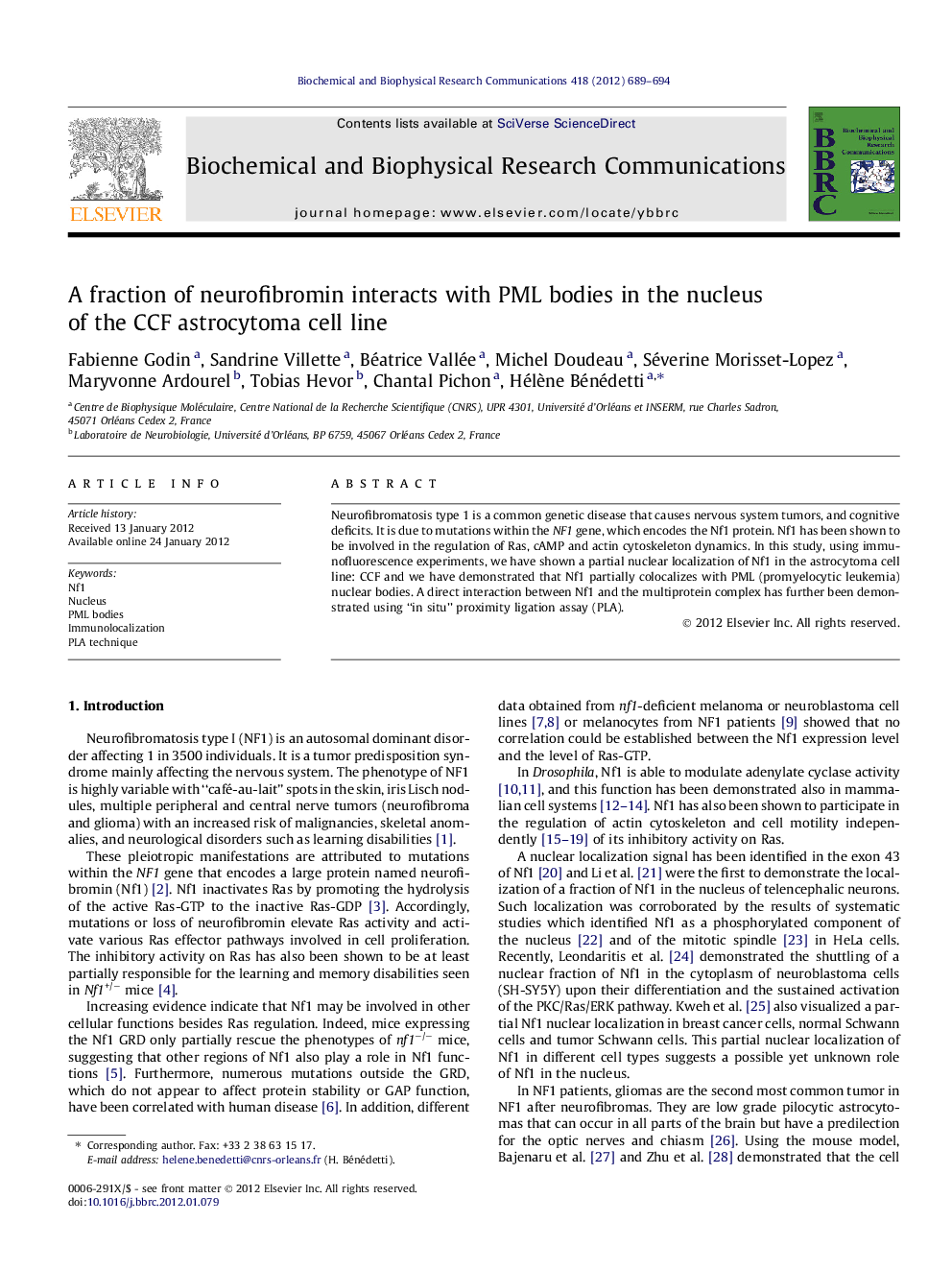 A fraction of neurofibromin interacts with PML bodies in the nucleus of the CCF astrocytoma cell line