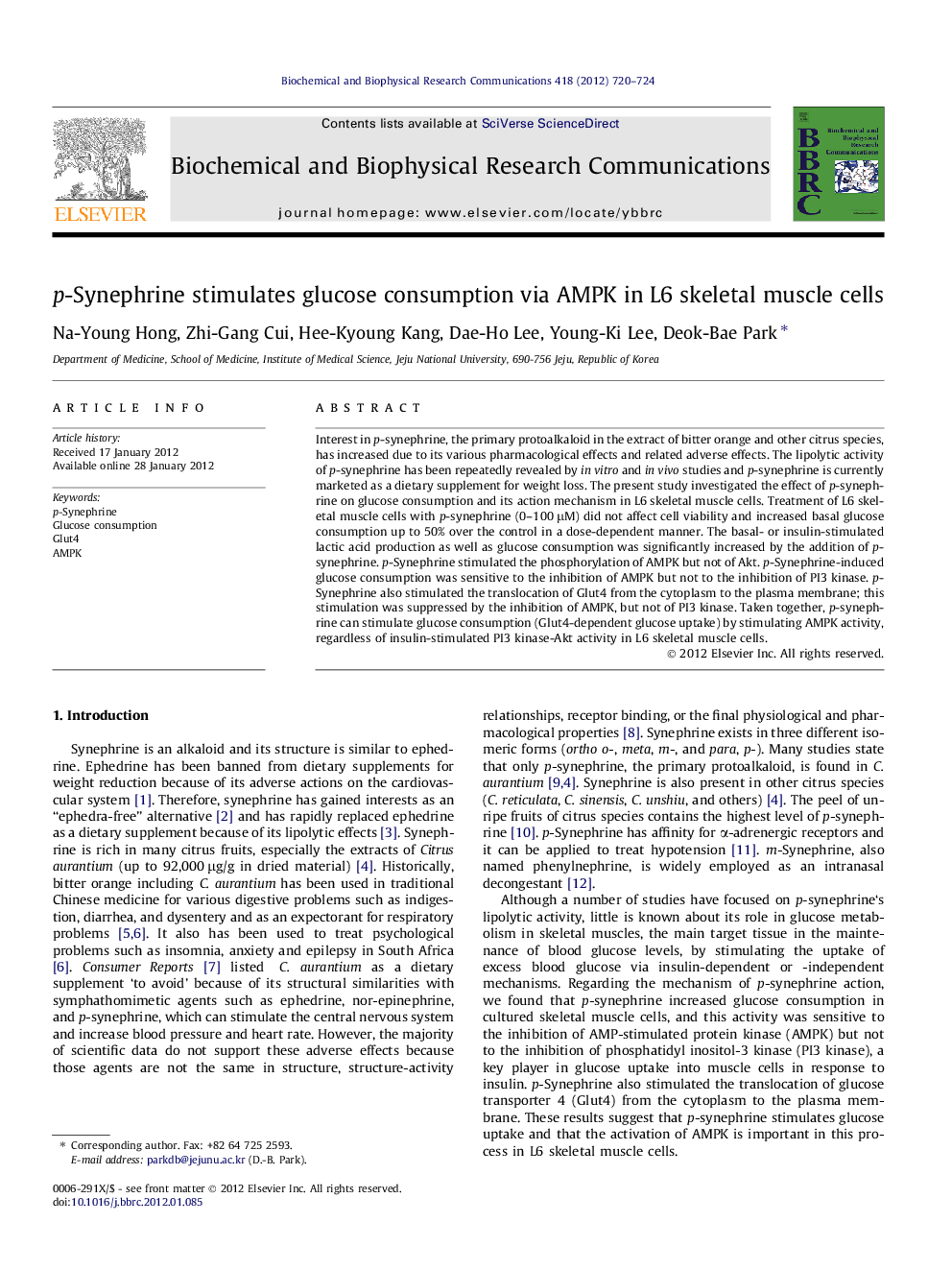 p-Synephrine stimulates glucose consumption via AMPK in L6 skeletal muscle cells