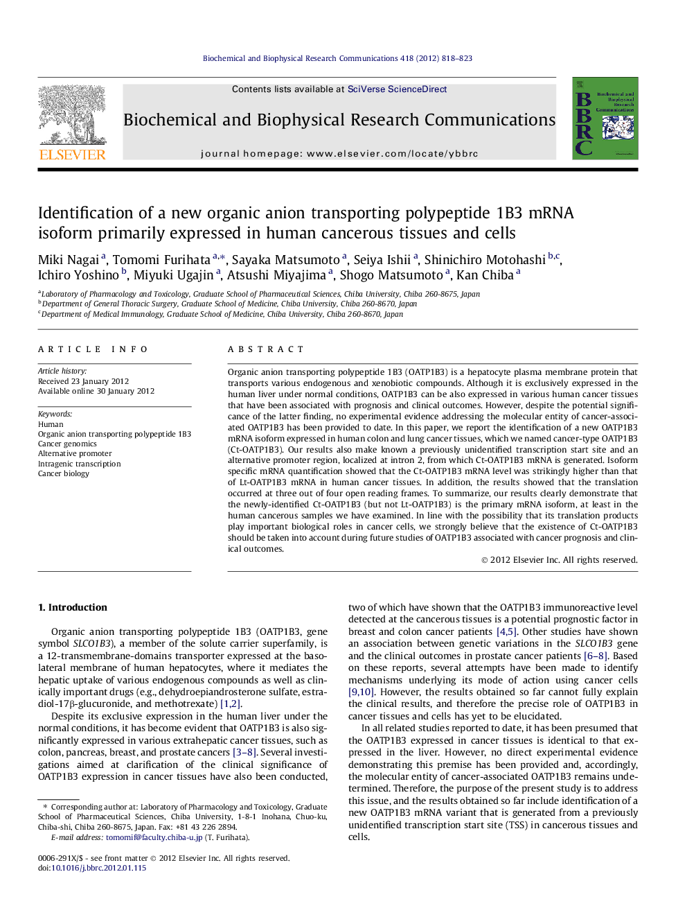 Identification of a new organic anion transporting polypeptide 1B3 mRNA isoform primarily expressed in human cancerous tissues and cells