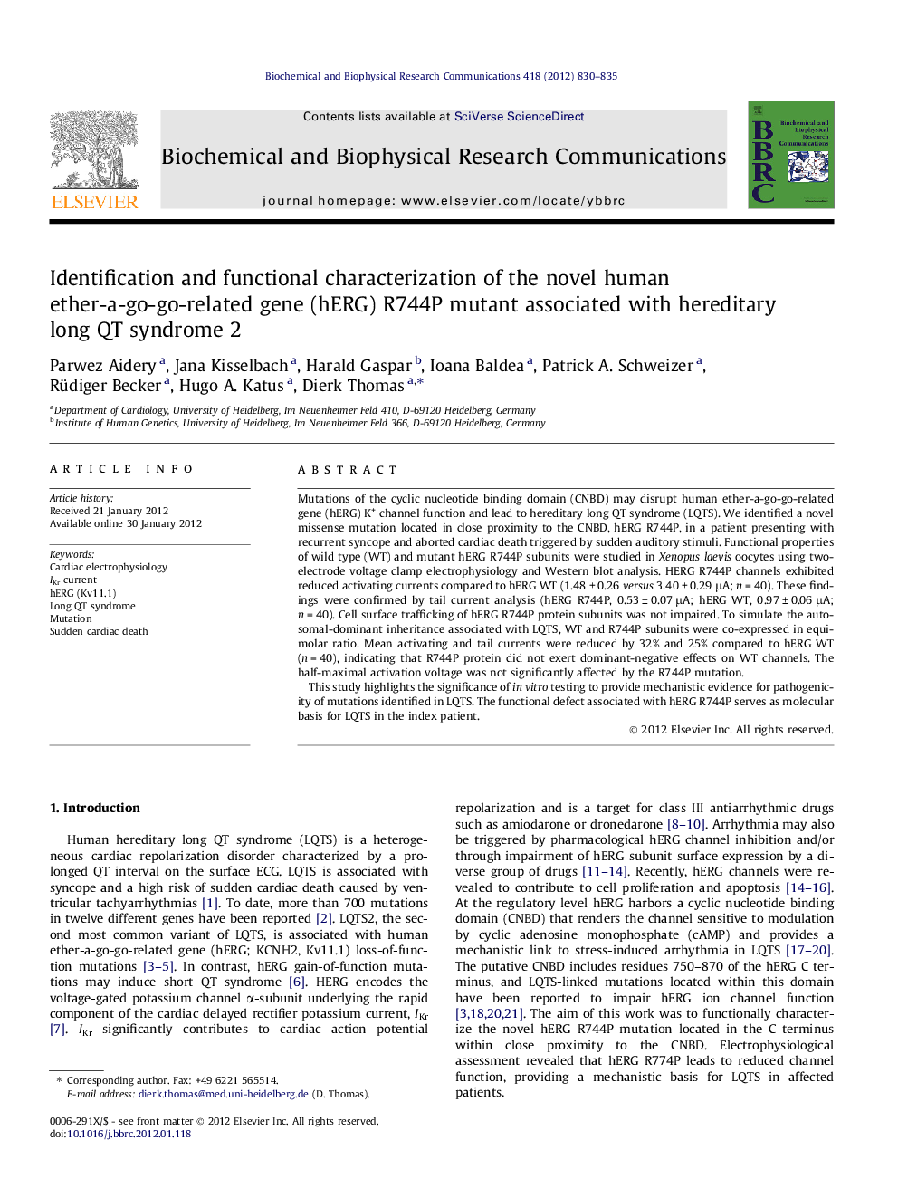 Identification and functional characterization of the novel human ether-a-go-go-related gene (hERG) R744P mutant associated with hereditary long QT syndrome 2