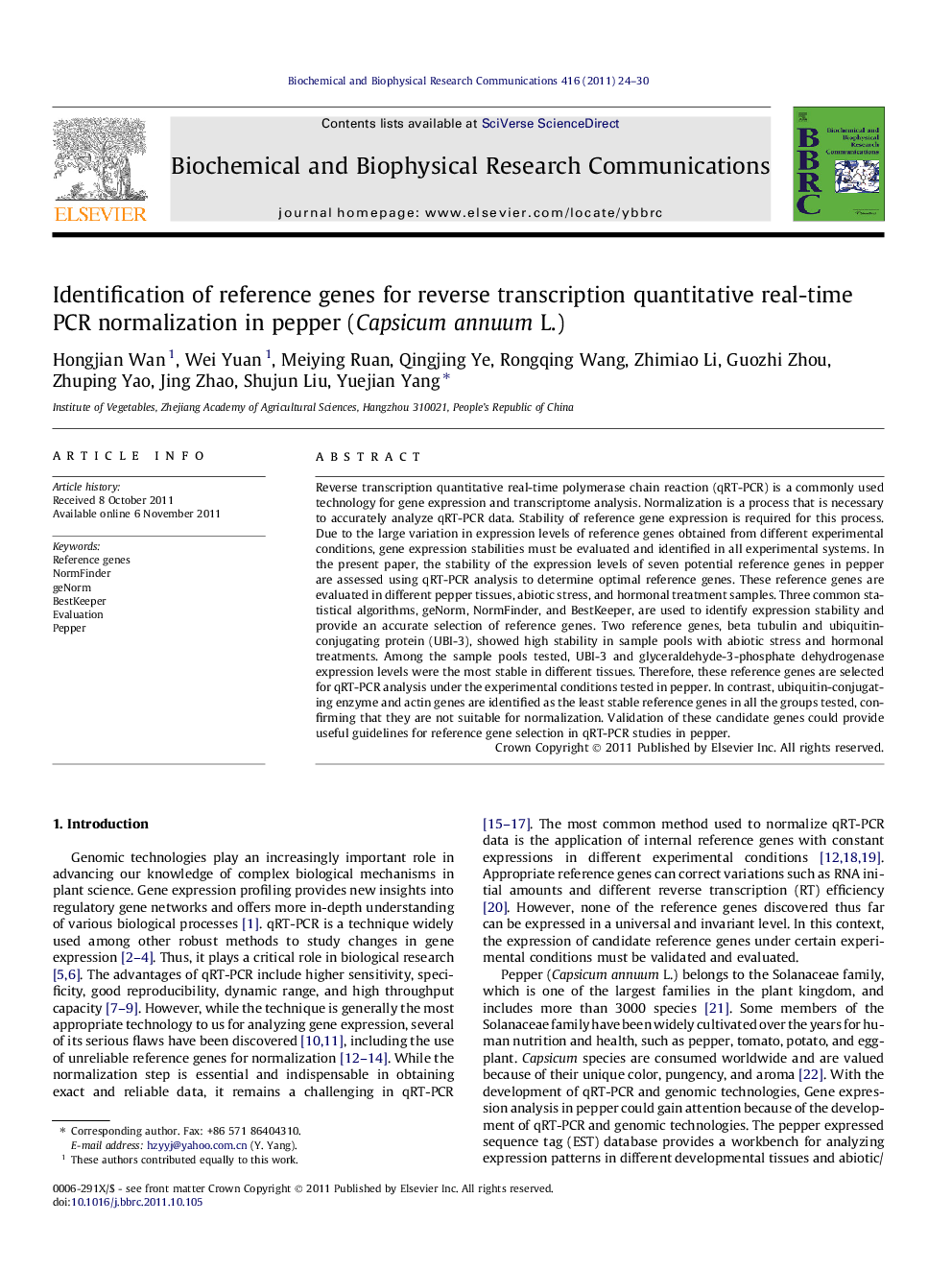 Identification of reference genes for reverse transcription quantitative real-time PCR normalization in pepper (Capsicum annuum L.)