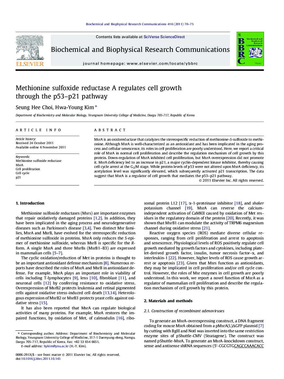 Methionine sulfoxide reductase A regulates cell growth through the p53–p21 pathway