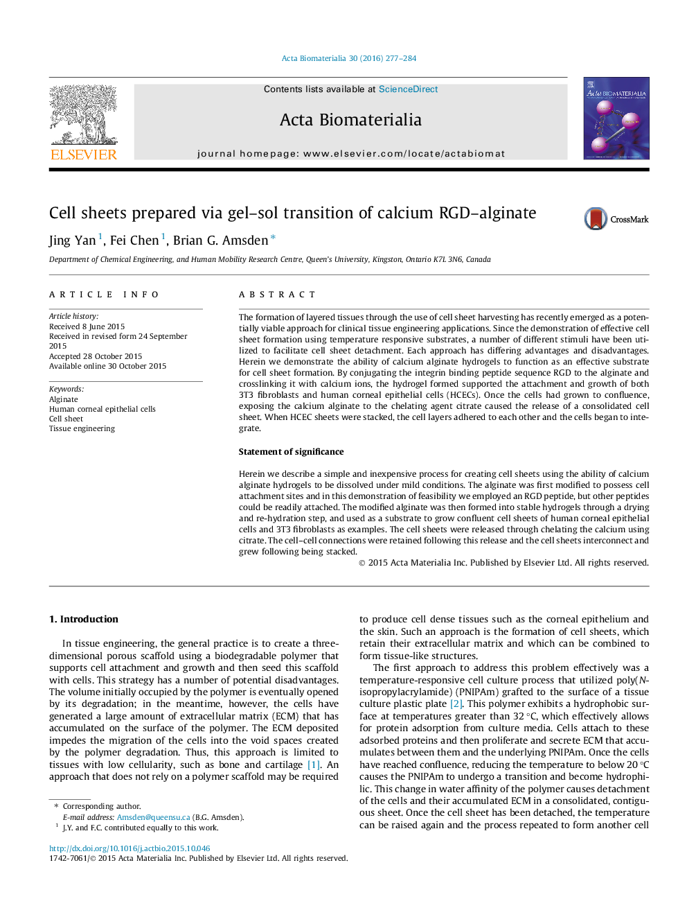 Cell sheets prepared via gel–sol transition of calcium RGD–alginate