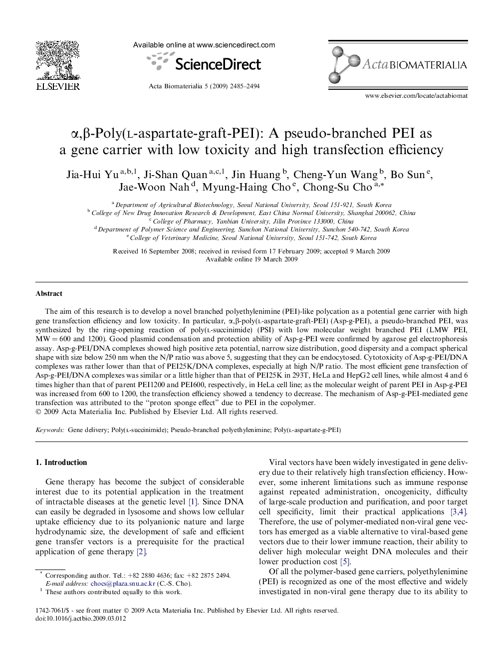 α,β-Poly(l-aspartate-graft-PEI): A pseudo-branched PEI as a gene carrier with low toxicity and high transfection efficiency