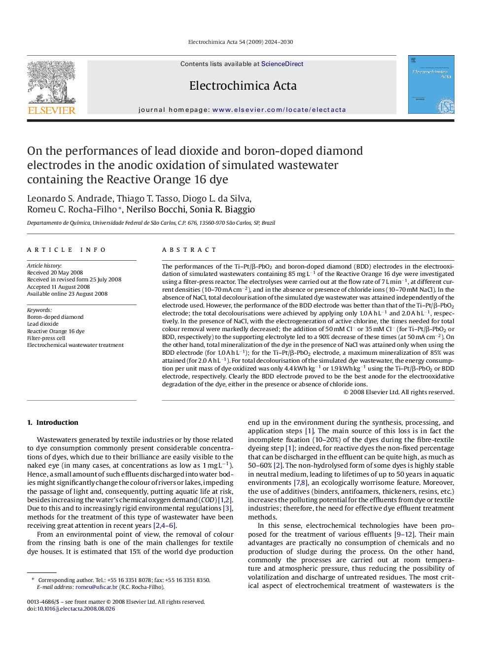 On the performances of lead dioxide and boron-doped diamond electrodes in the anodic oxidation of simulated wastewater containing the Reactive Orange 16 dye