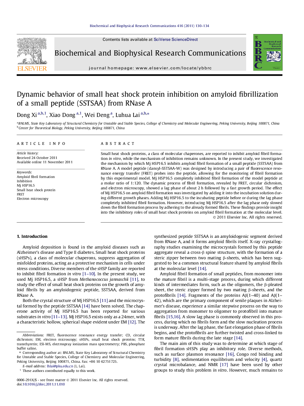 Dynamic behavior of small heat shock protein inhibition on amyloid fibrillization of a small peptide (SSTSAA) from RNase A