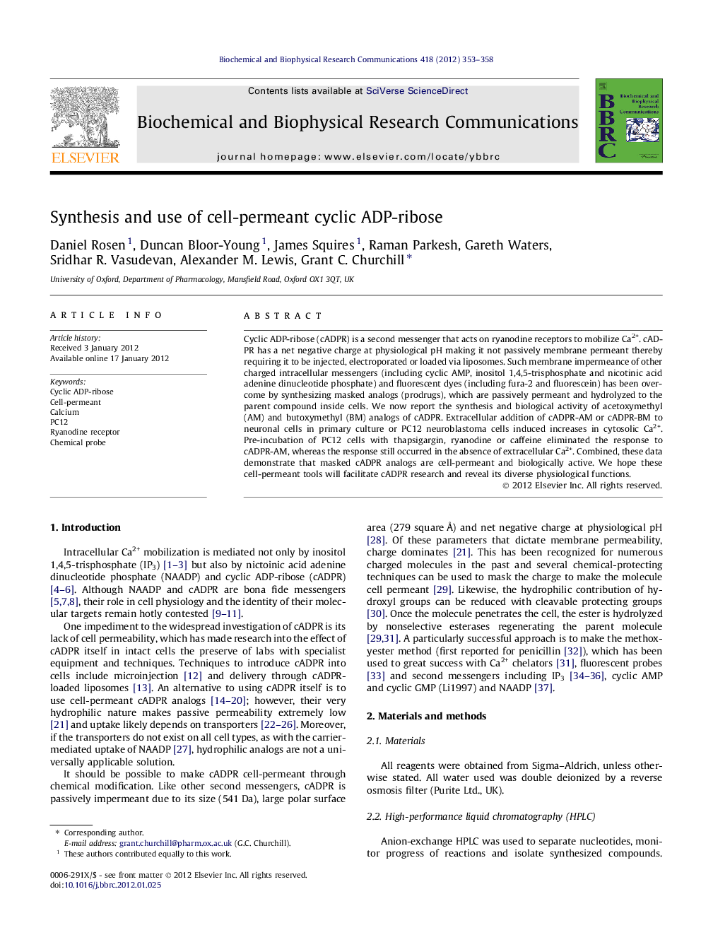 Synthesis and use of cell-permeant cyclic ADP-ribose