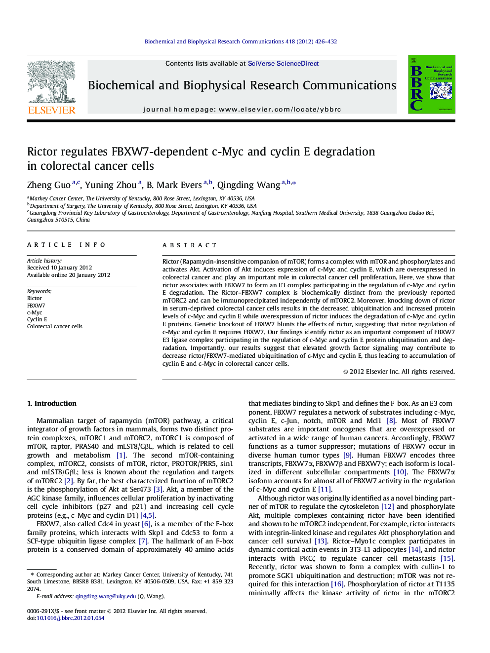 Rictor regulates FBXW7-dependent c-Myc and cyclin E degradation in colorectal cancer cells