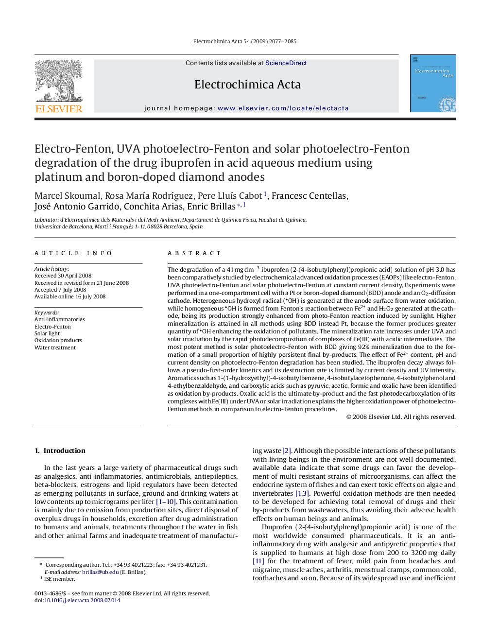 Electro-Fenton, UVA photoelectro-Fenton and solar photoelectro-Fenton degradation of the drug ibuprofen in acid aqueous medium using platinum and boron-doped diamond anodes