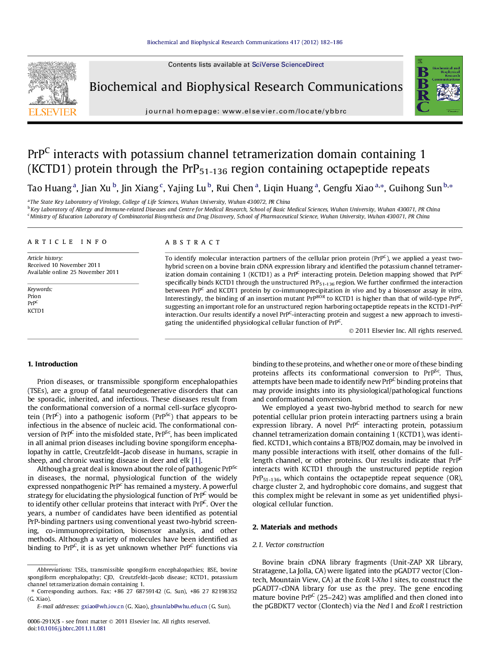 PrPC interacts with potassium channel tetramerization domain containing 1 (KCTD1) protein through the PrP51-136 region containing octapeptide repeats