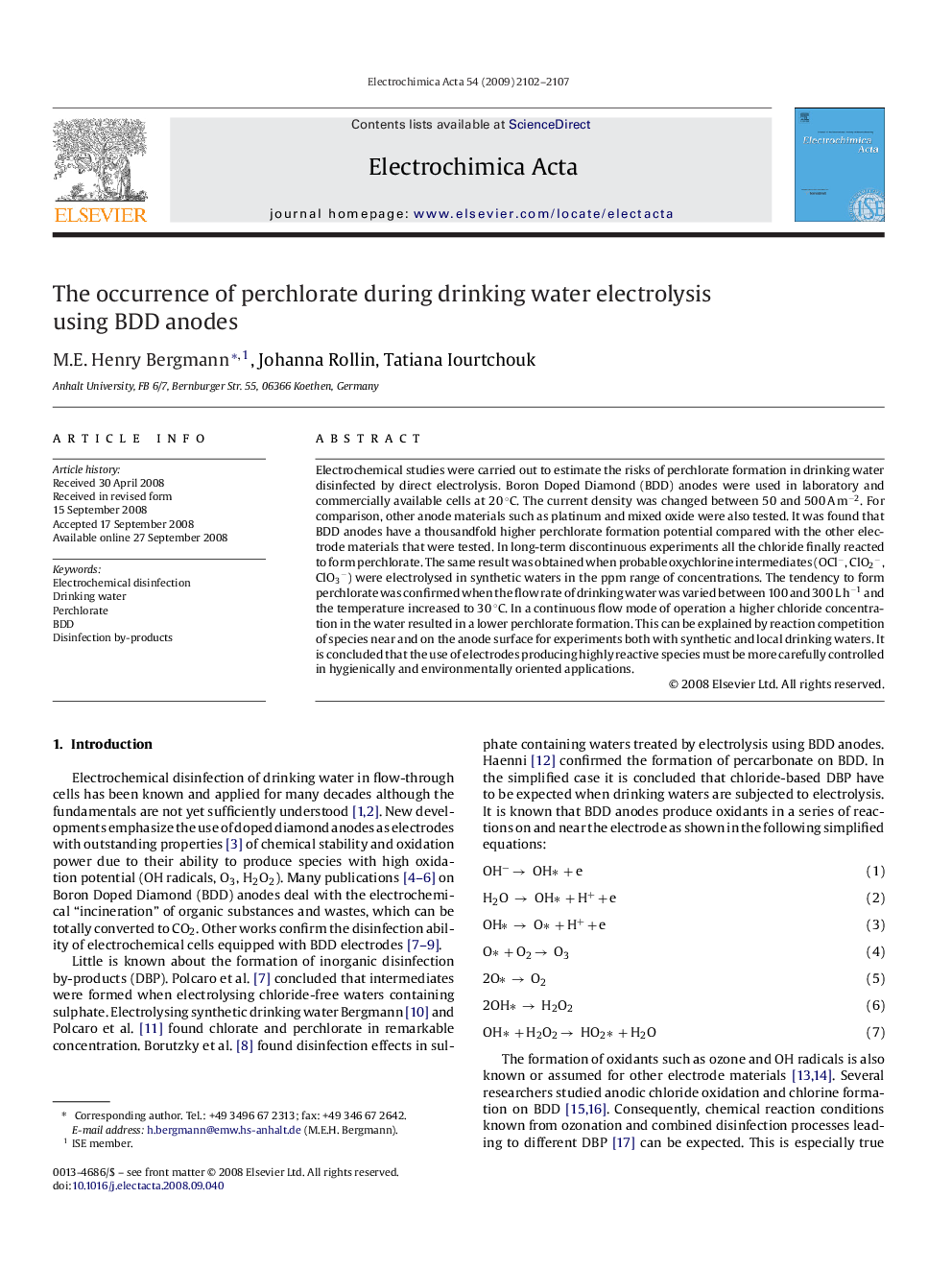 The occurrence of perchlorate during drinking water electrolysis using BDD anodes