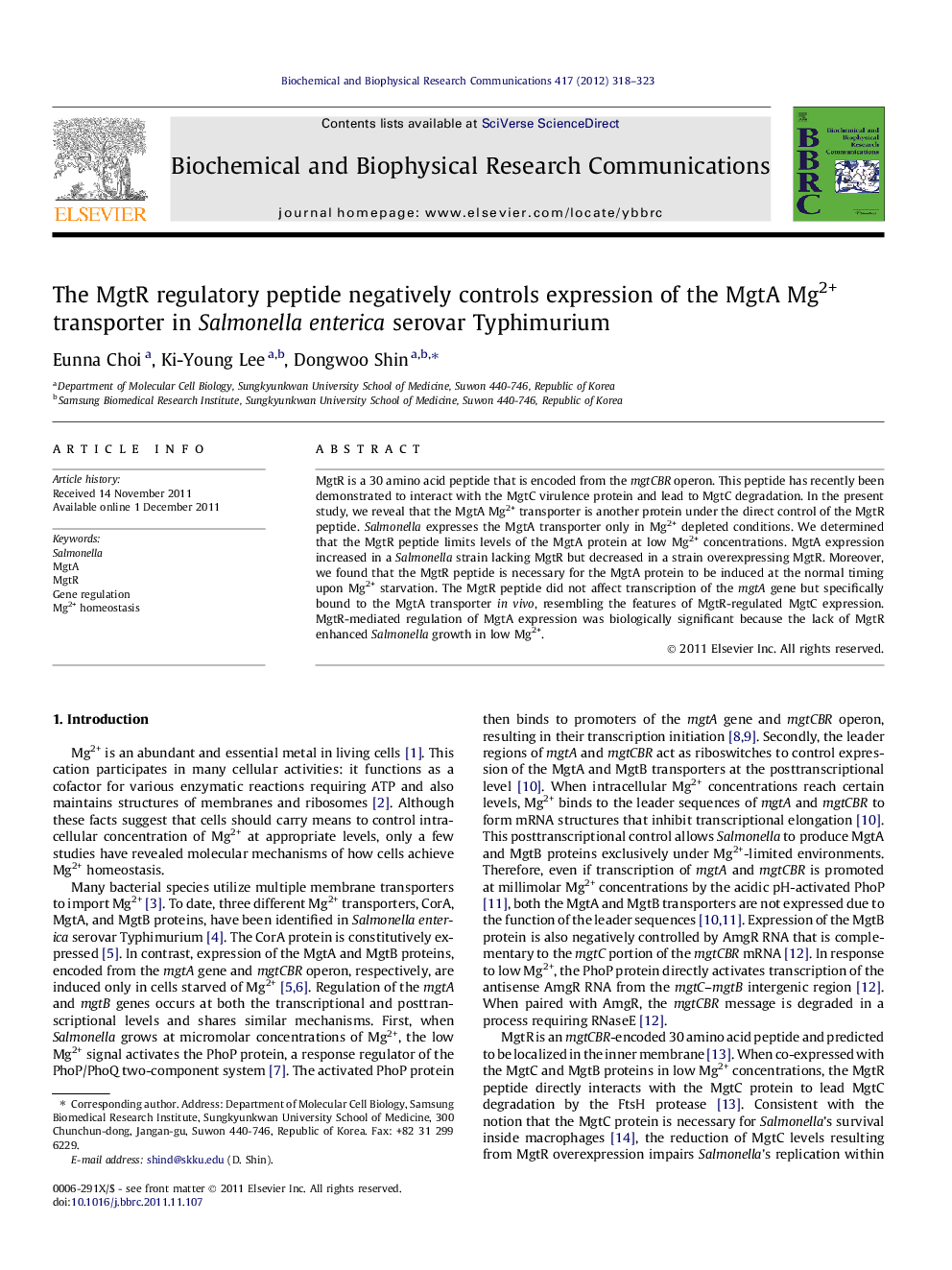 The MgtR regulatory peptide negatively controls expression of the MgtA Mg2+ transporter in Salmonella enterica serovar Typhimurium