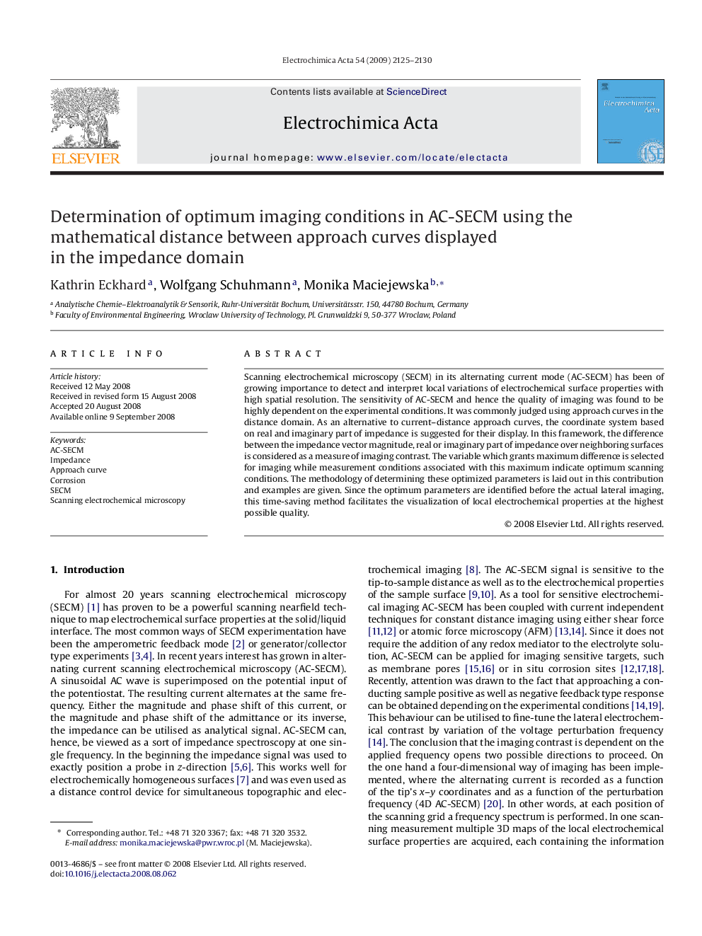 Determination of optimum imaging conditions in AC-SECM using the mathematical distance between approach curves displayed in the impedance domain