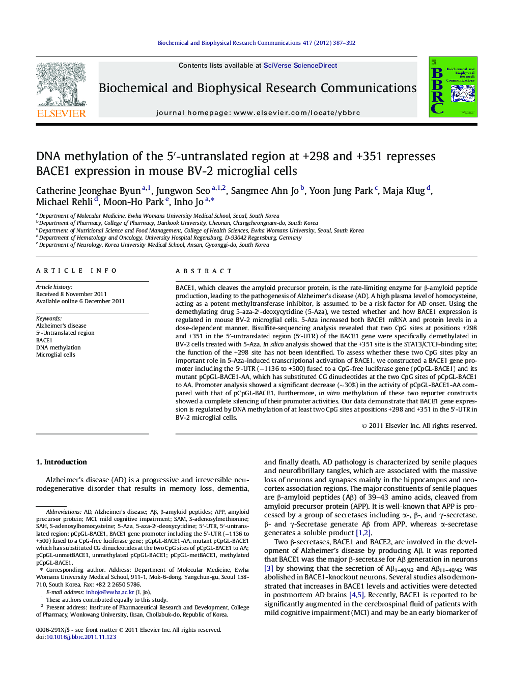 DNA methylation of the 5′-untranslated region at +298 and +351 represses BACE1 expression in mouse BV-2 microglial cells