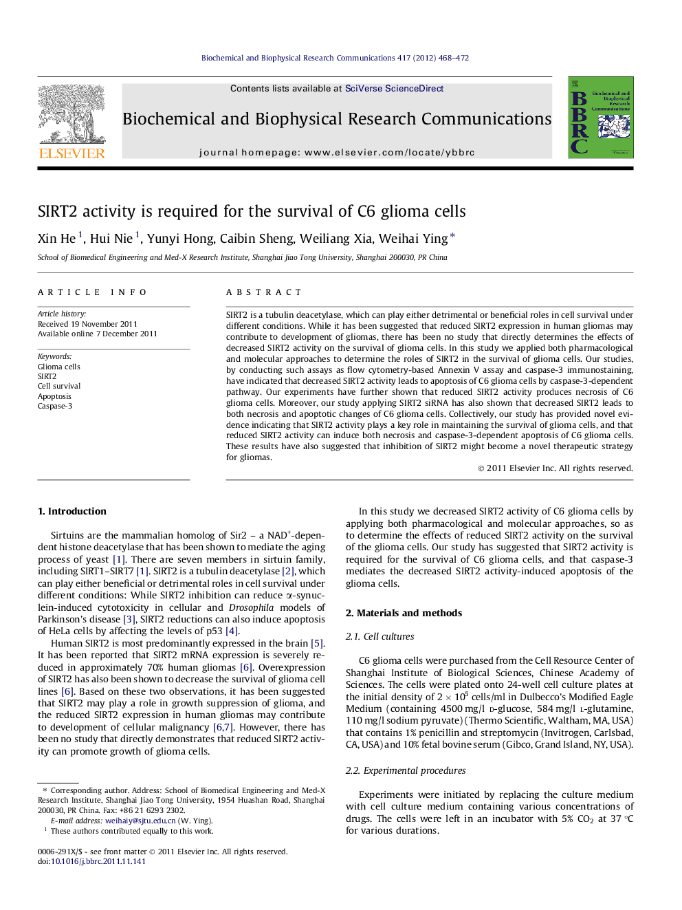 SIRT2 activity is required for the survival of C6 glioma cells