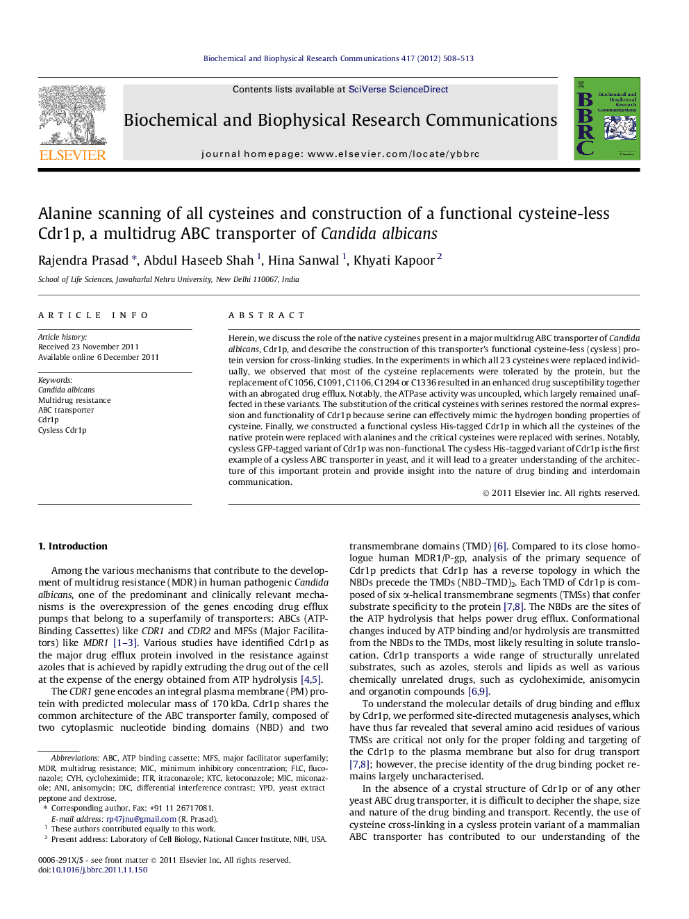 Alanine scanning of all cysteines and construction of a functional cysteine-less Cdr1p, a multidrug ABC transporter of Candida albicans