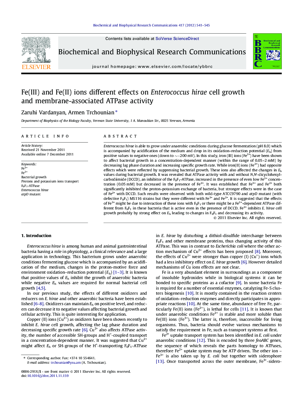 Fe(III) and Fe(II) ions different effects on Enterococcus hirae cell growth and membrane-associated ATPase activity