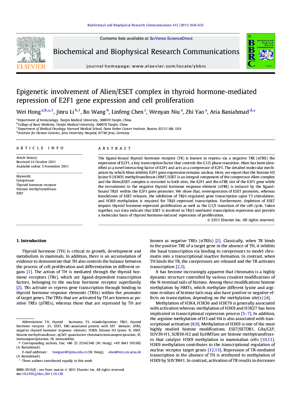 Epigenetic involvement of Alien/ESET complex in thyroid hormone-mediated repression of E2F1 gene expression and cell proliferation