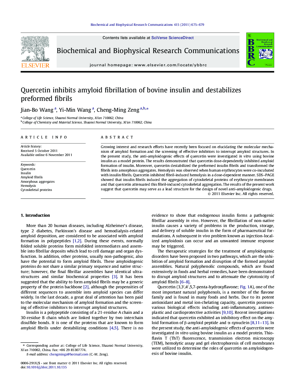 Quercetin inhibits amyloid fibrillation of bovine insulin and destabilizes preformed fibrils