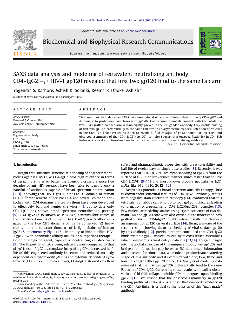 SAXS data analysis and modeling of tetravalent neutralizing antibody CD4–IgG2 −/+ HIV-1 gp120 revealed that first two gp120 bind to the same Fab arm