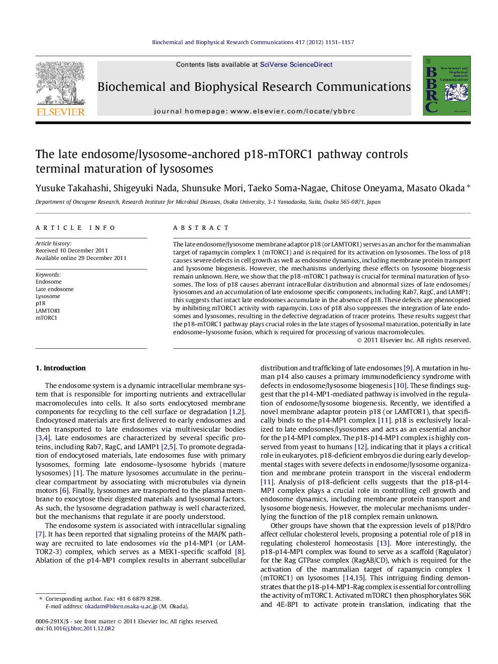 The late endosome/lysosome-anchored p18-mTORC1 pathway controls terminal maturation of lysosomes