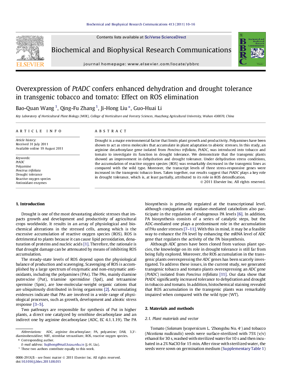 Overexpression of PtADC confers enhanced dehydration and drought tolerance in transgenic tobacco and tomato: Effect on ROS elimination