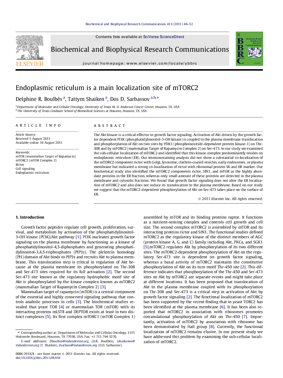 Endoplasmic reticulum is a main localization site of mTORC2