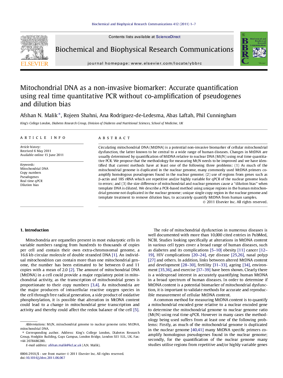 Mitochondrial DNA as a non-invasive biomarker: Accurate quantification using real time quantitative PCR without co-amplification of pseudogenes and dilution bias