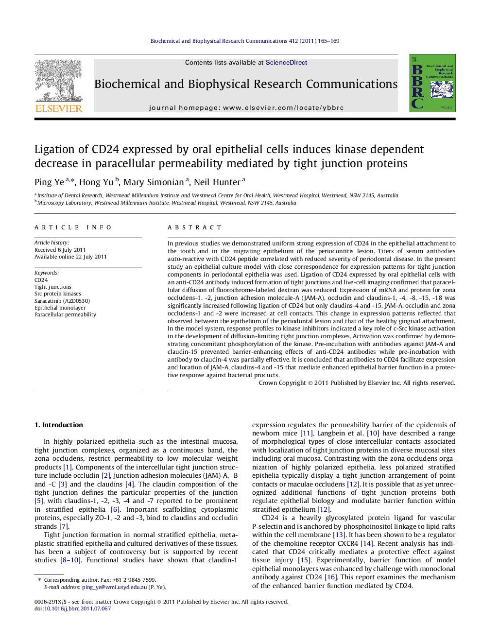 Ligation of CD24 expressed by oral epithelial cells induces kinase dependent decrease in paracellular permeability mediated by tight junction proteins