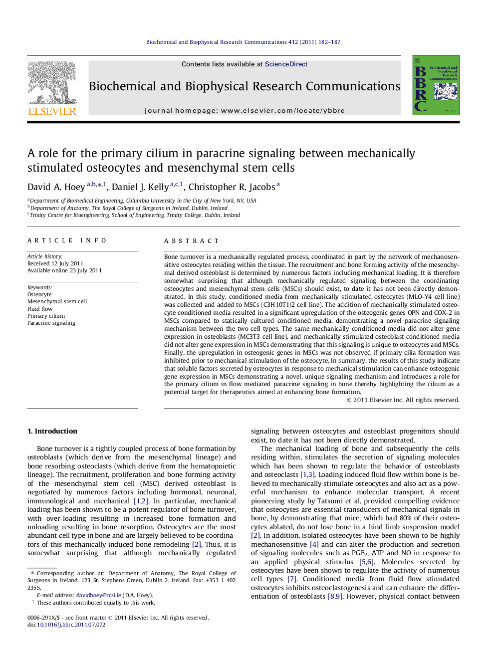 A role for the primary cilium in paracrine signaling between mechanically stimulated osteocytes and mesenchymal stem cells