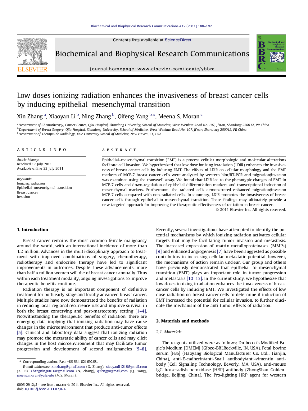 Low doses ionizing radiation enhances the invasiveness of breast cancer cells by inducing epithelial–mesenchymal transition